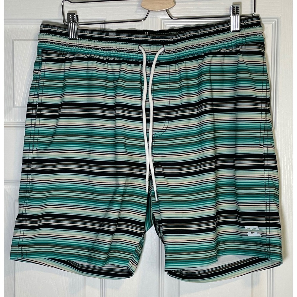 Billabong‎ Mens Striped Board Shorts Teal Green Black White Swim Trunks Large